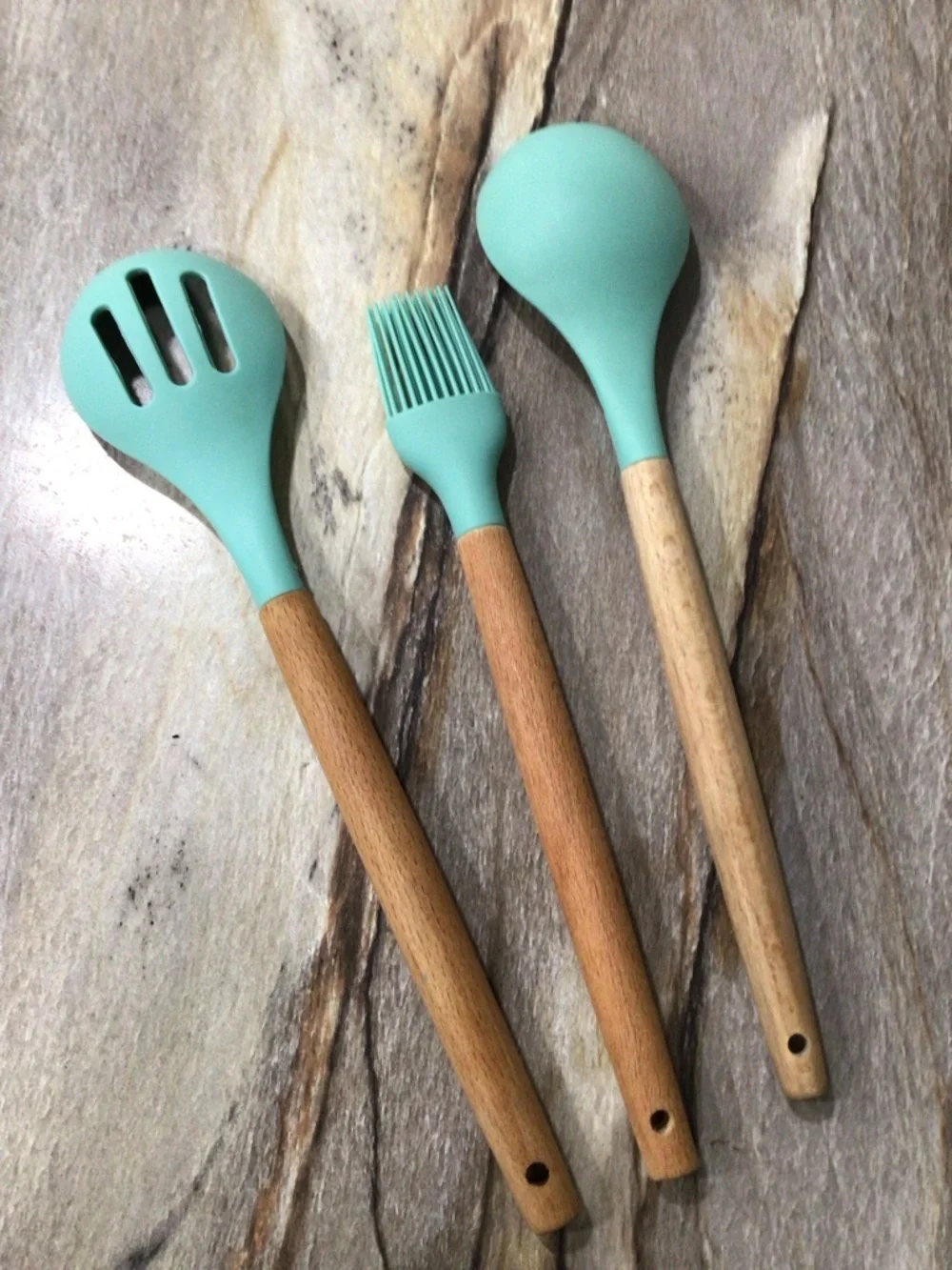 MIBOTE 3pc Silicone Kitchen Utensil Set Teal Wood Handle Spoon Brush BPA Free.